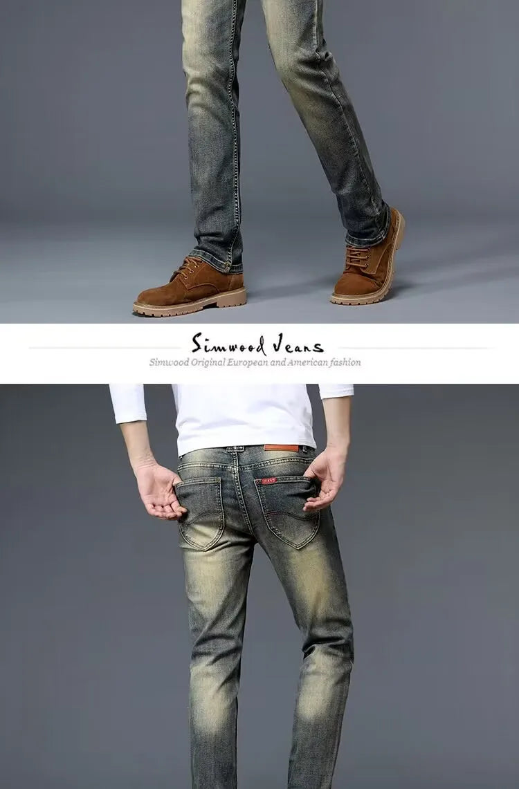 High-End Retro Men's Straight Leg Stretchy Jeans Fashionable Urban Casual Long Trousers Spring Autumn Cotton Stretch Denim