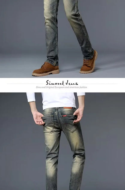 High-End Retro Men's Straight Leg Stretchy Jeans Fashionable Urban Casual Long Trousers Spring Autumn Cotton Stretch Denim