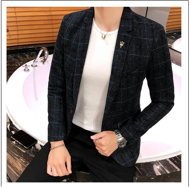 Men Checked Suit Jacket 2023 Spring New Linen Slim Suit Jacket Fashion One-button Business Casual Jacket Large M-5XL Suit Jacket
