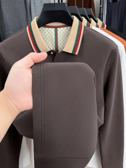 Luxury advanced  brand men long sleeve polo shirt unique stripe color blocked lapel fashion letter embroidery casual new T-shirt