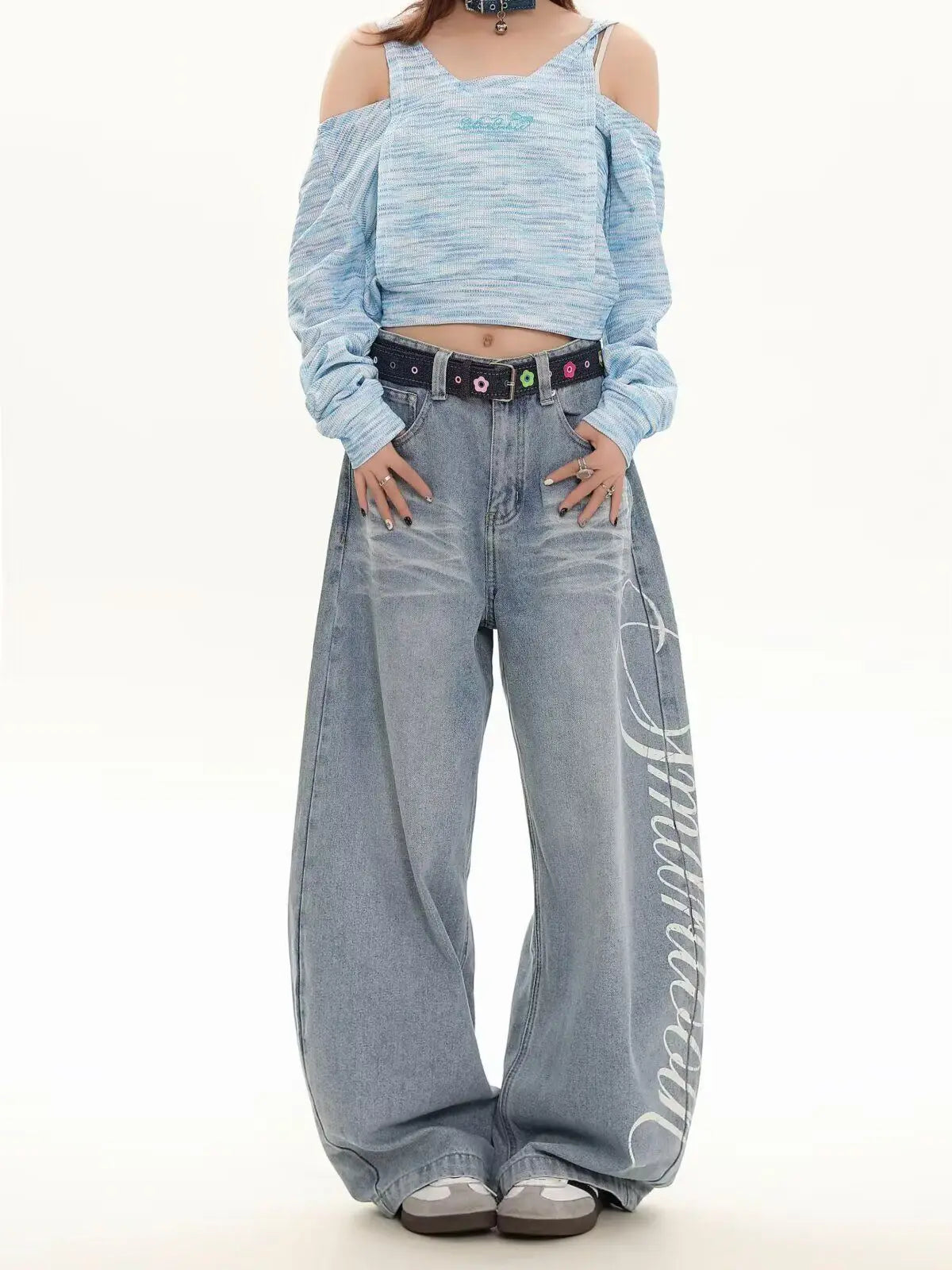 Blue Loose Wide Leg Jeans Women's Fashion High Waist Straight Cut Casual Trousers Autumn New Style Slimming Effect Cotton Pol...