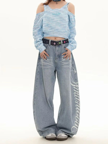 Blue Loose Wide Leg Jeans Women's Fashion High Waist Straight Cut Casual Trousers Autumn New Style Slimming Effect Cotton Pol...