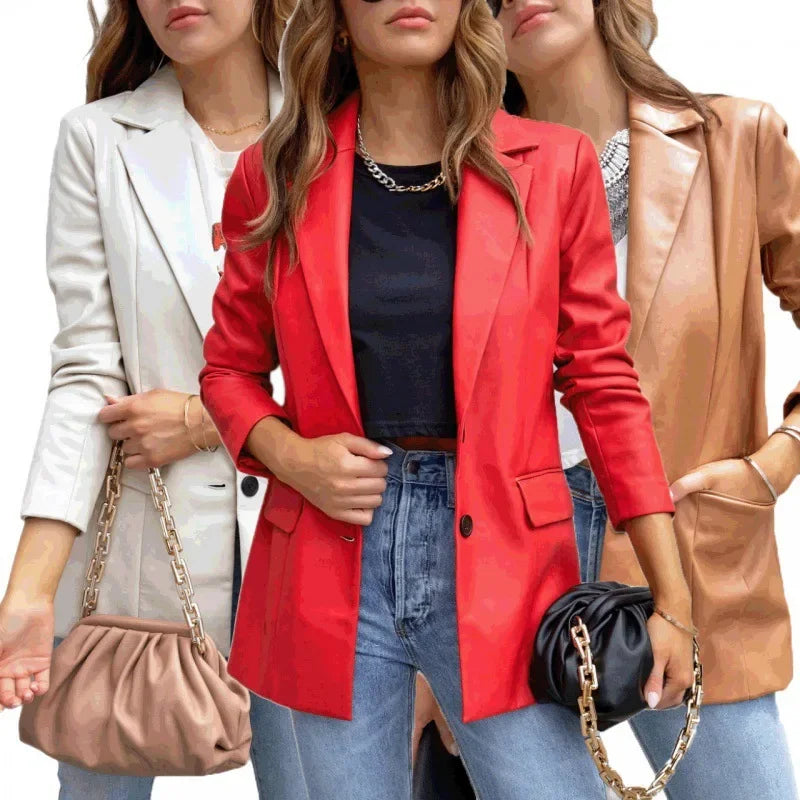 Elegant Chic Jacket Office Lady Long Sleeve Lapel Collar Single Breasted Pocket Coat Outwear 2025 Women PU Leather Suit Blazer