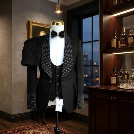 Plaid Men Suits 3 Pieces Luxury Beaded Wedding Tuxedo Slim Fit Groom Prom Party Blazer Vest Pants Set for Men 2026 New Arrival
