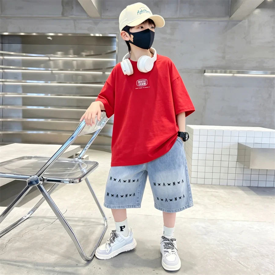 6-16 Year Children Short Sleeve Top And Bottom Clothing Set for Tween Boys Casual Streetwear Outfit Kids New Summer Clothes Suit
