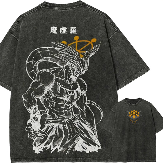 Mahoraga Wheel T-shirt Jujutsu Kaisen Eight-Handled Sword Tee Vintage Washed Oversized Anime Graphic Streetwear Retro Men Tops