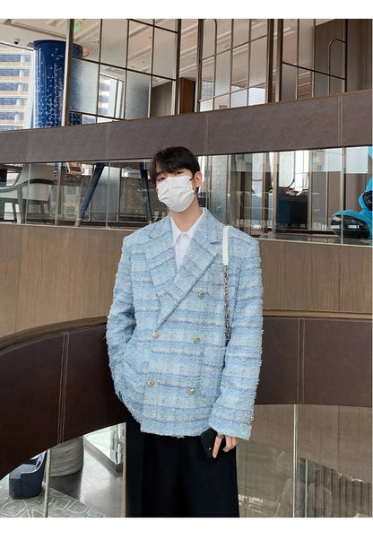 Autumn Loose Casual Colorful Blue Tweed Blazers Jacket for Men Long Sleeve Double Breasted Mens Designer Clothes