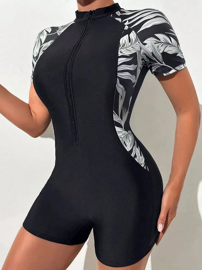 One Piece Floral Swimwear Swim Suit Women Short Sleeve Swimsuit Zip Front Tropical Plant Surfing Sun Protection（No built-in bra