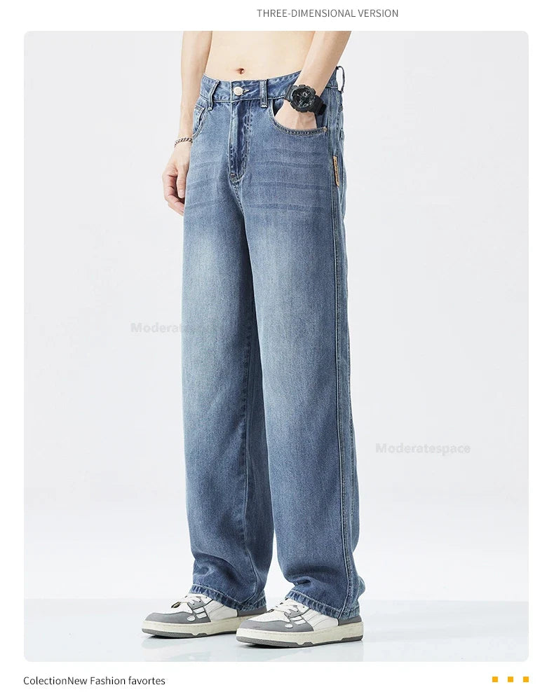 Stretch Jeans Men's 2024 New Lyocell Fabric High Quality Soft Loose Wide Pants Elastic Waist Casual Denim Trousers Streetwear