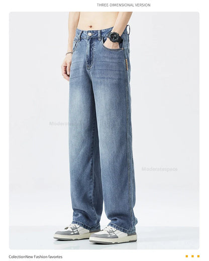 Stretch Jeans Men's 2024 New Lyocell Fabric High Quality Soft Loose Wide Pants Elastic Waist Casual Denim Trousers Streetwear