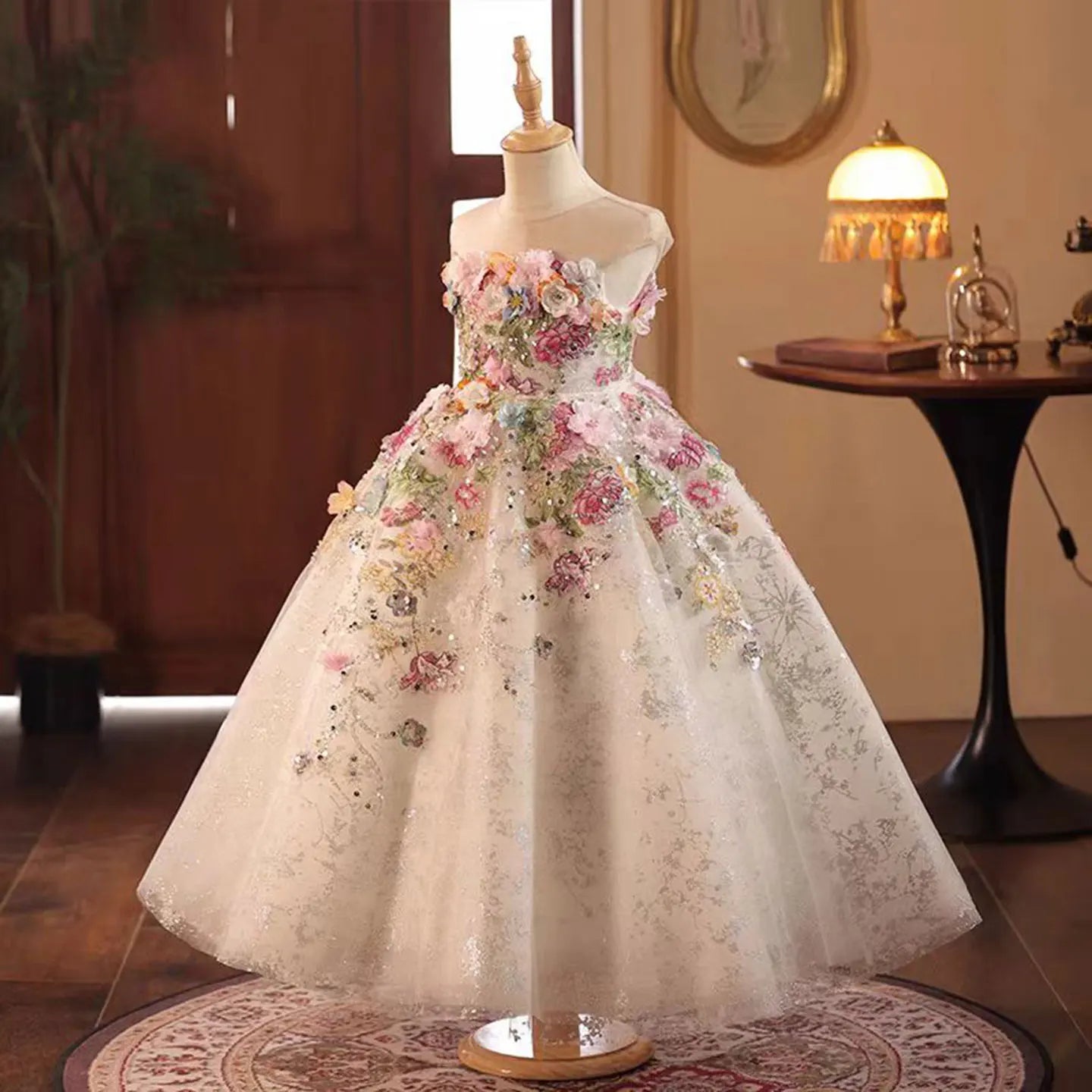 J292 Floral Luxury Long Handmade Flowers Beads Girl Dress for Princess Wedding Birthday Party Gowns vestidos de novia