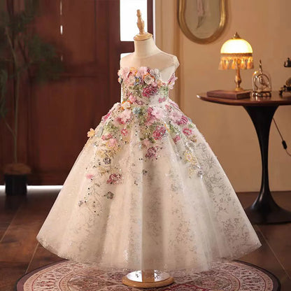 J292 Floral Luxury Long Handmade Flowers Beads Girl Dress for Princess Wedding Birthday Party Gowns vestidos de novia