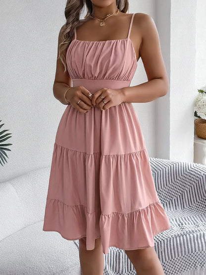 Casual Vacation Ruffled Camisole Dress Spring Summer Women's Solid Dresses for 2026 Valentine's Day Woman Clothing Pink Blue