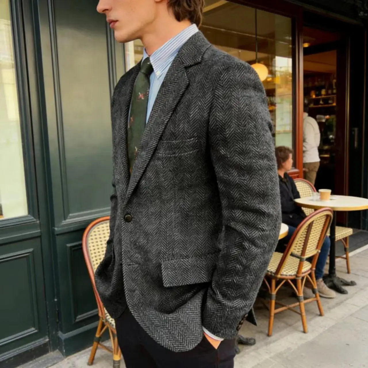 Men's Grey Herringbone Tweed Blazer Classic-Fit Notched Lapel Casual Jacket Slim Fit Business Wedding Suit Coat Plus Size