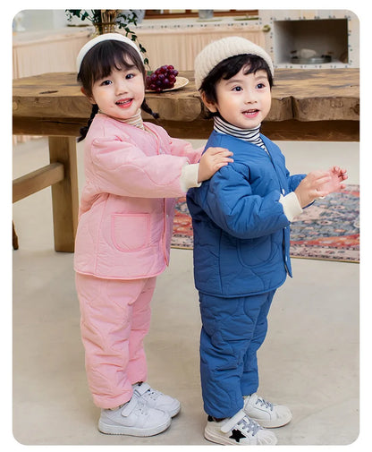 Autumn Winter Baby Kids Jackets+Pants Sets Thicken Boys Girls Coat Trousers Warm Windproof Clothes Suit For Children Home Wear
