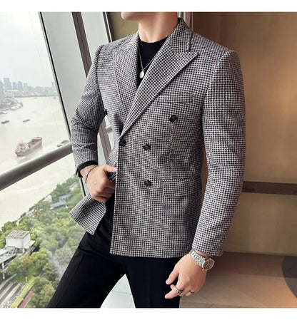 British Style Men Double Breasted Slim Fit Blazer 2024 New Houndstooth Slim Fit Suit Jacket Formal Business Wedding Dress Jacket