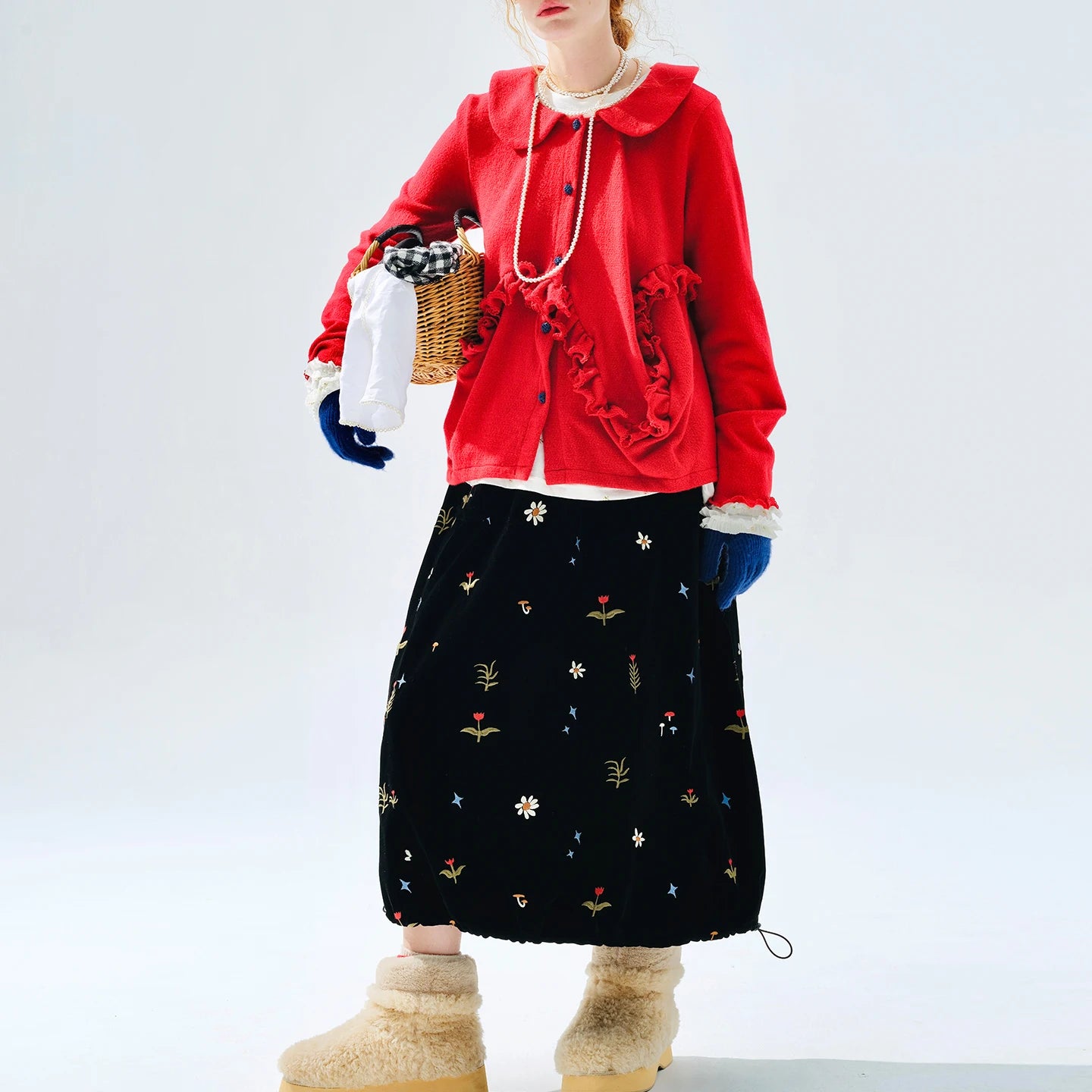Embroidered Floral Midi Skirt, Vintage Velvet, Daily Outing, Mori - style Healing Vibe 255288
