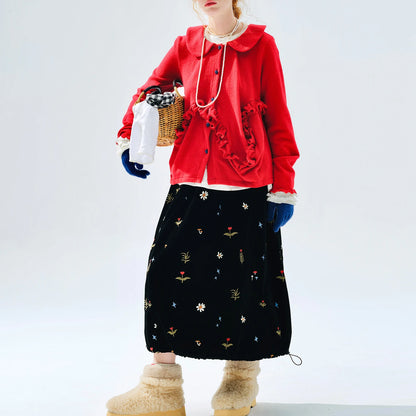 Embroidered Floral Midi Skirt, Vintage Velvet, Daily Outing, Mori - style Healing Vibe 255288