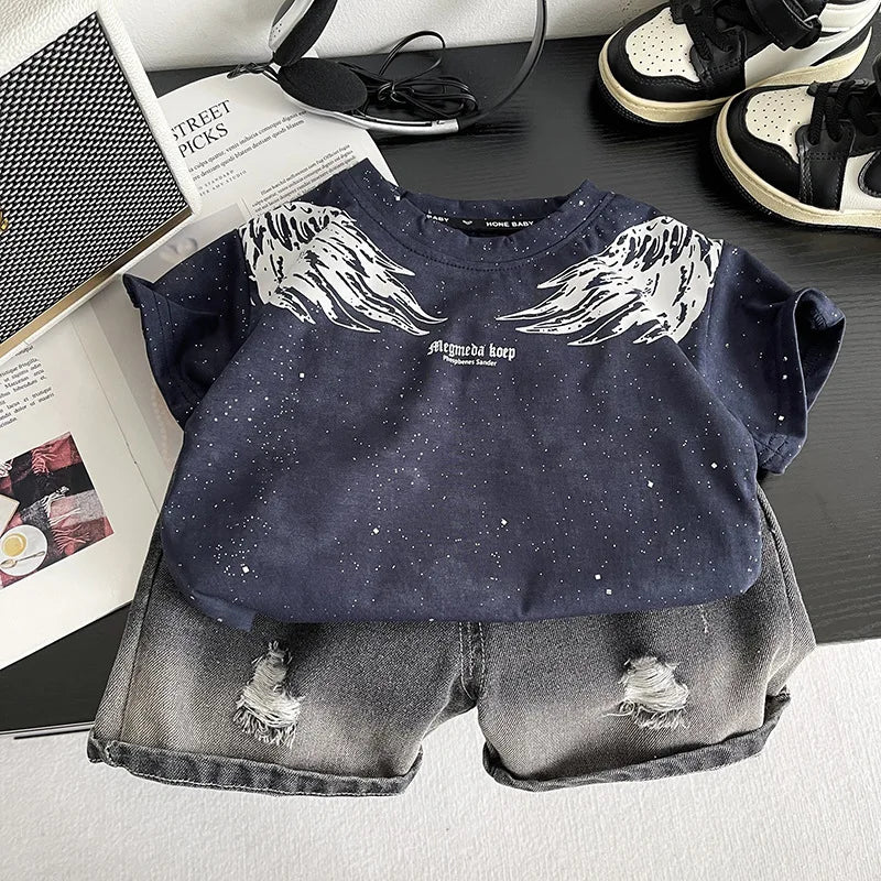 0-5Years New Baby Boy Fashion Cool Summer Clothes Suits Toddler Wings Printed T-shirt+Ripped Jeans 2pcs/sets Children Tracksuits