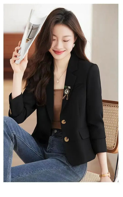 Caramel Short Suit Jacket Women's Casual High-Waisted 2025 New Spring Autumn Short Style Upper Body Fashion Polyester Fiber