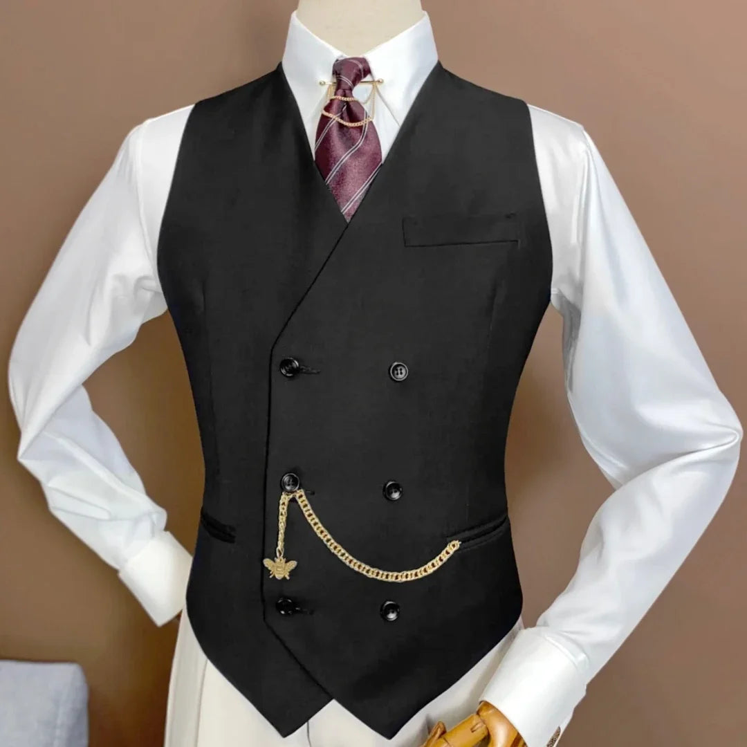 Men Vest Black Double Button V Neck Solid Waistcoat For Wedding Birthday Banquet Party Office Business Work Daily Men Suit Vest