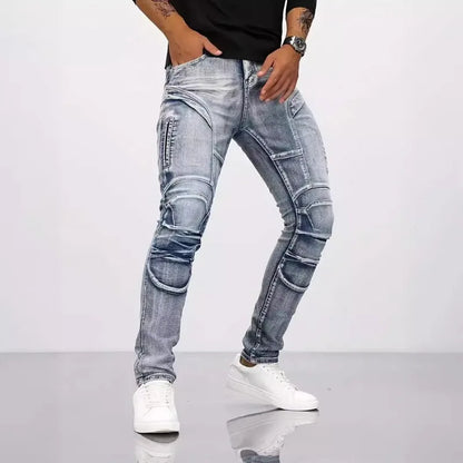 Two tone distressed patchwork jeans for men trendy jeans for summer thin straight leg pants slim fit small leg distressed jeans