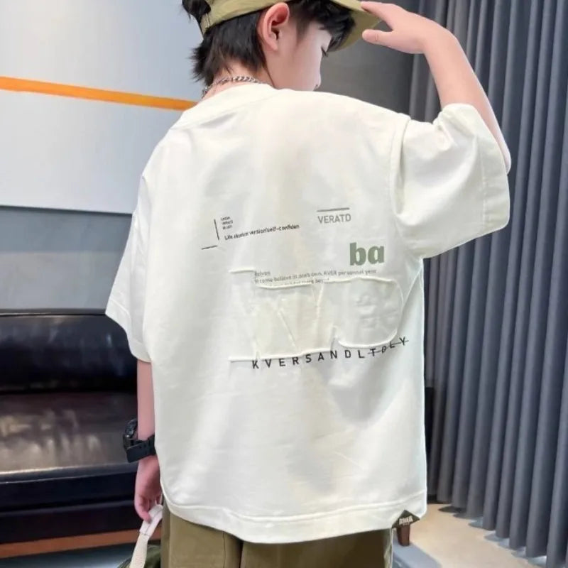 Cooling 100% Cotton Boys' Summer Short Sleeve T Shirt Big Tall Kids Loose Casual Trendy Hot Sale Apparel Wholesale