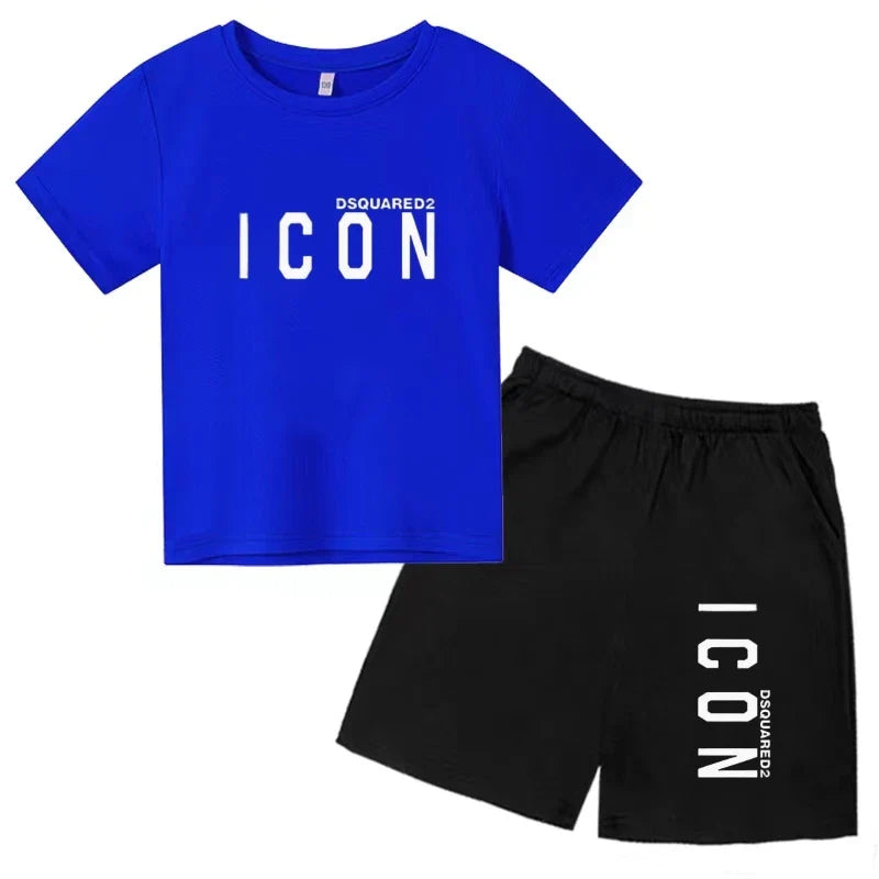 ICON print  2-12 Years Boys Girl  Children Clothes T-shirts+ Shorts Sets Casual Short Sleeve shorts suits