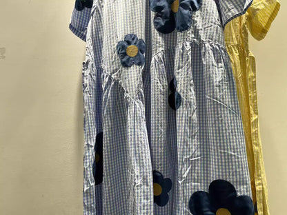 2026 Mori girl sweet blue yellow striped floral embroider patchwork dress for women summer Japan style 100% cotton long dress