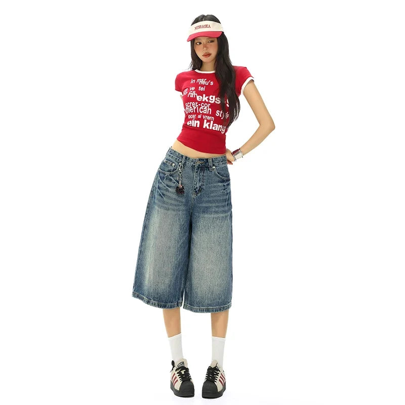 Vintage Washed Loose Straight Leg Denim Capri Men Women Lightning Print Streetwear Shorts