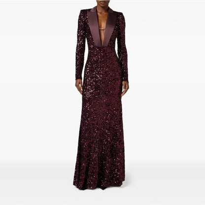 Gliter Dark Burgundy Sequin Women's Evening Gown Sheath Saudi Dress V Neck Formal Party Dress  Floor Length Prom Dress