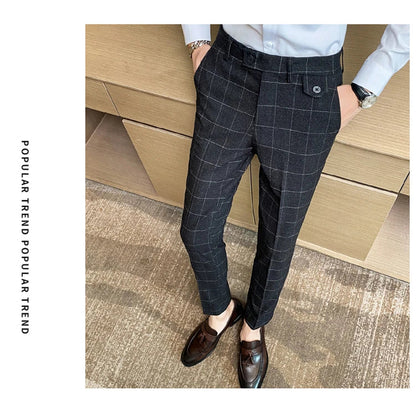 Boutique Classic Plaid and Striped Fashion Men's Casual Business Slim Suit Pants Groom Wedding Dress Trousers Party