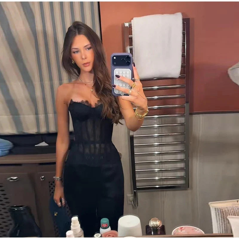 Sexy Women Sheer Lace Corset Top Bodycon Strapless Boned Bustier Sleeveless Back Lace-up Outfit 2026 New Fashion Party Clubwear
