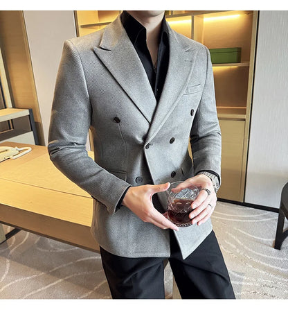 High Quality Men Double Breasted Blazer Suede Gilded Twill Slim Fit Business Social Formal Suit Jacket Tailcoats Men Clothes