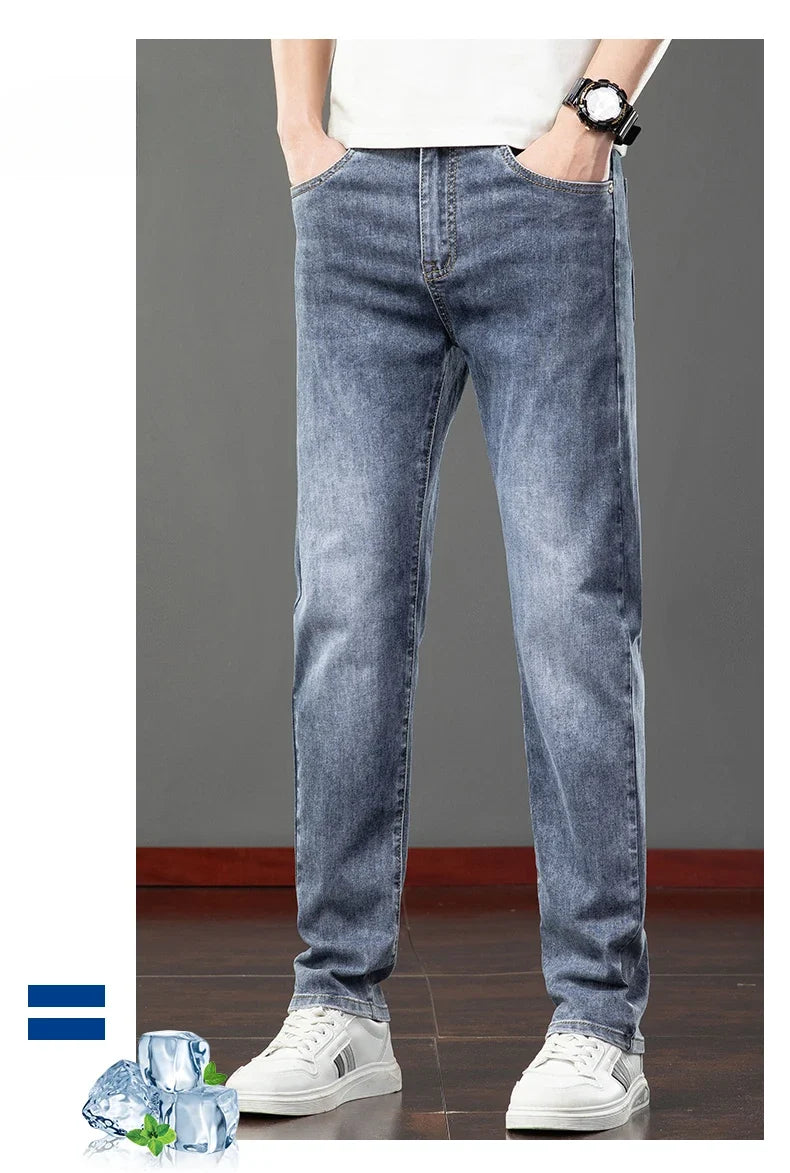 Spring Summer Thin Men's Jeans Fashion Korean Elastic Slim Straight Business Casual Denim Pants Classic Washed Male Trousers