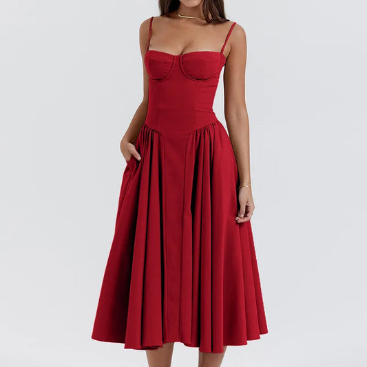 Summer Women Elegant Sleeveless Backless Pleated Dresses Lady Sexy Solid Sling Midi Dress 2024 Female Party Evening A-line Robes