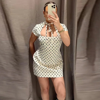 Fashion Lace Up Polka Dot Mini Dress Women Square Collar Short Sleeve Satin Party Dresses2026 Summer Lady Elegant Beach Robe New