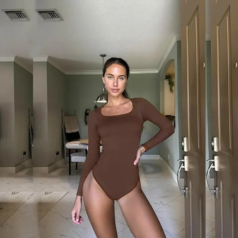 Open Crotch Big U Neck Seamless Bodysuit Long Sleeve Spandex Elastic Body Suit Shapewear Tummy Control Waist Shapers