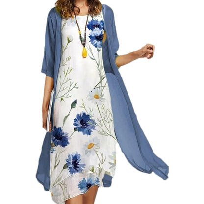 2025 new! Eu-us Summer Women's casual elegance 2 printed crew-neck loose dress sweater coat set