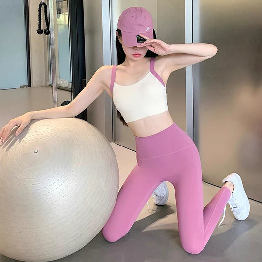 Women's Color-Block Quick-Drying Yoga Fitness Suit Cross-Back Sports Bra High-Waist Hip-Lifting Pants Gym Workout Ensemble