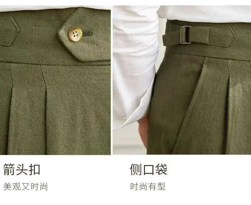 Linen Cotton High Waist Straight Casual Pants Men Versatile Naples Gentleman Pleated Pants High Quality Italian Dress Trousers
