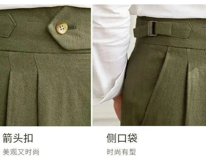 Linen Cotton High Waist Straight Casual Pants Men Versatile Naples Gentleman Pleated Pants High Quality Italian Dress Trousers
