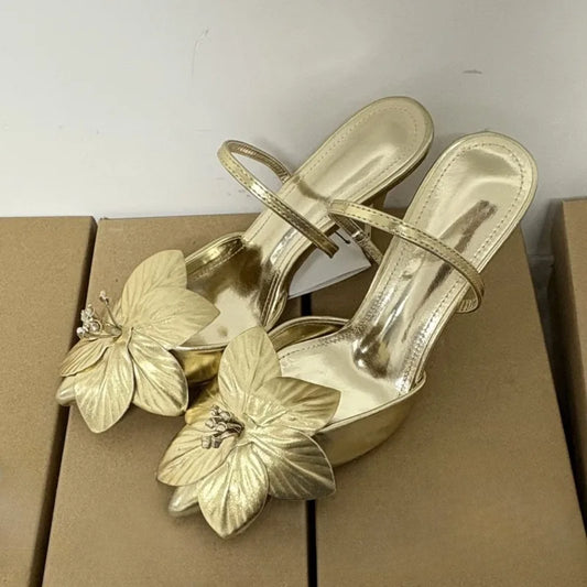 Golden Flower Wedding Party Ladies High Heels Shoes Sexy Pointed Toe Banquet Stiletto Unique Design Brand Women Modern Sandals