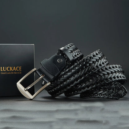 Genuine Leather Cowhide Casual Men's Belt, Trendy Knitted Belt With Alloy Buckle, Gift For Boyfriend/Husband/Father