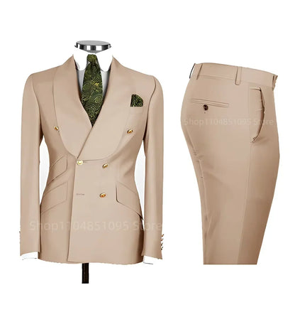 Smart Casual Solid 2 PCS Men Suits Formal Groom Tuxedos Shawl Lapel Double Breasted Jacket Pants Business/Wedding Suits Set