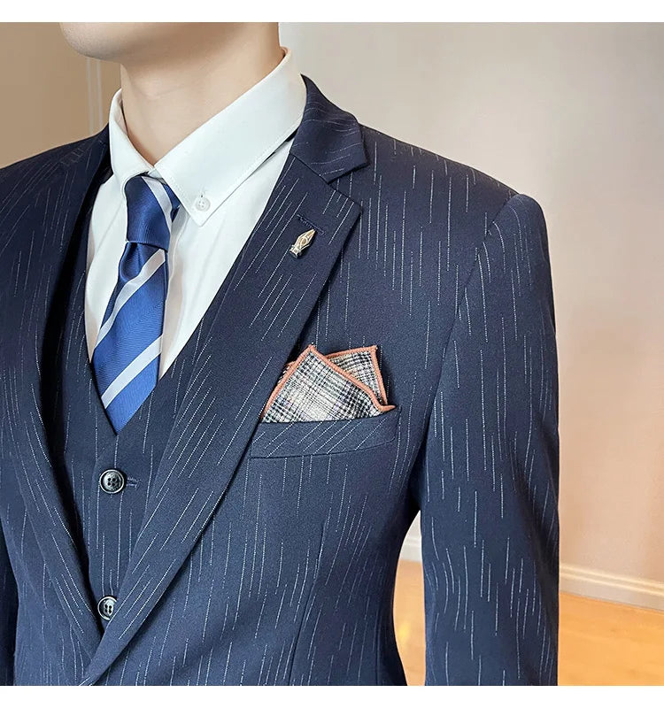 ( Blazer + Vest + Pants ) High-end Formal Casual Business Striped Fashion Men's 3 Piece Suit Groom Wedding Dress Suit