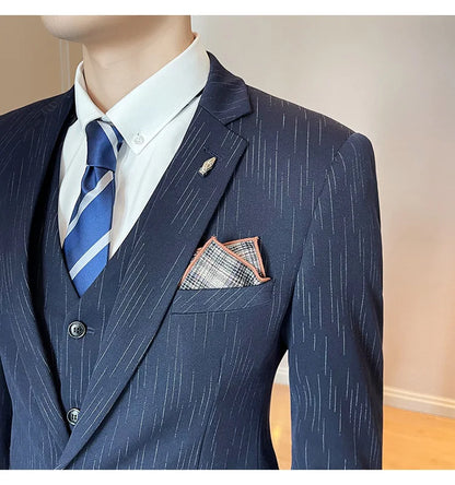 ( Blazer + Vest + Pants ) High-end Formal Casual Business Striped Fashion Men's 3 Piece Suit Groom Wedding Dress Suit