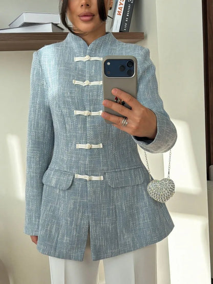 Women's Spring Summer Mandarin Collar Frog Button Tweed Fitted Blazer Elegant Casual Office Wear 2026 Trendy Fashion Blazer