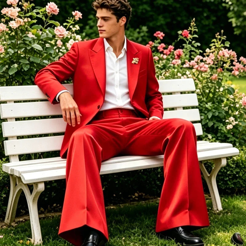 Luxury Men's Shiny Satin Suit 2 Piece Notch Lapel 1 button Jacket Wide Leg Flared Pants Wedding Groom Tuxedo Formal Party