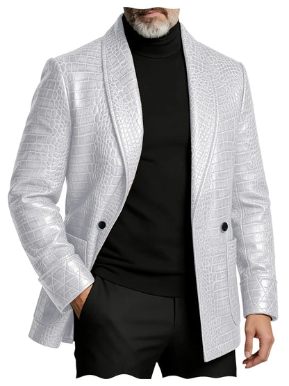 Men's Crocodile Pattern Leather Blazer 1 Button Shawl Collar Tuxedo Jacket Formal Business Wedding Coat Luxury Suit Outerwear